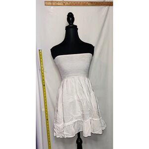 Tsher White Smocked Strapless Mini Dress Ruffle Hem‎ XS
